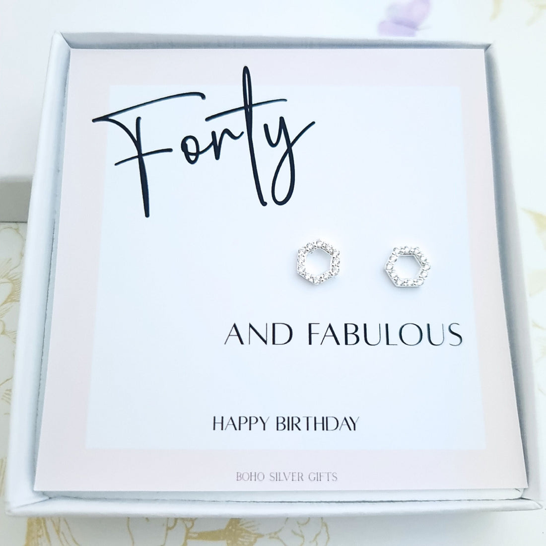 40th birthday gift set featuring sparkly hexagon stud earrings in sterling silver, displayed on a Boho Silver Gifts keepsake card.