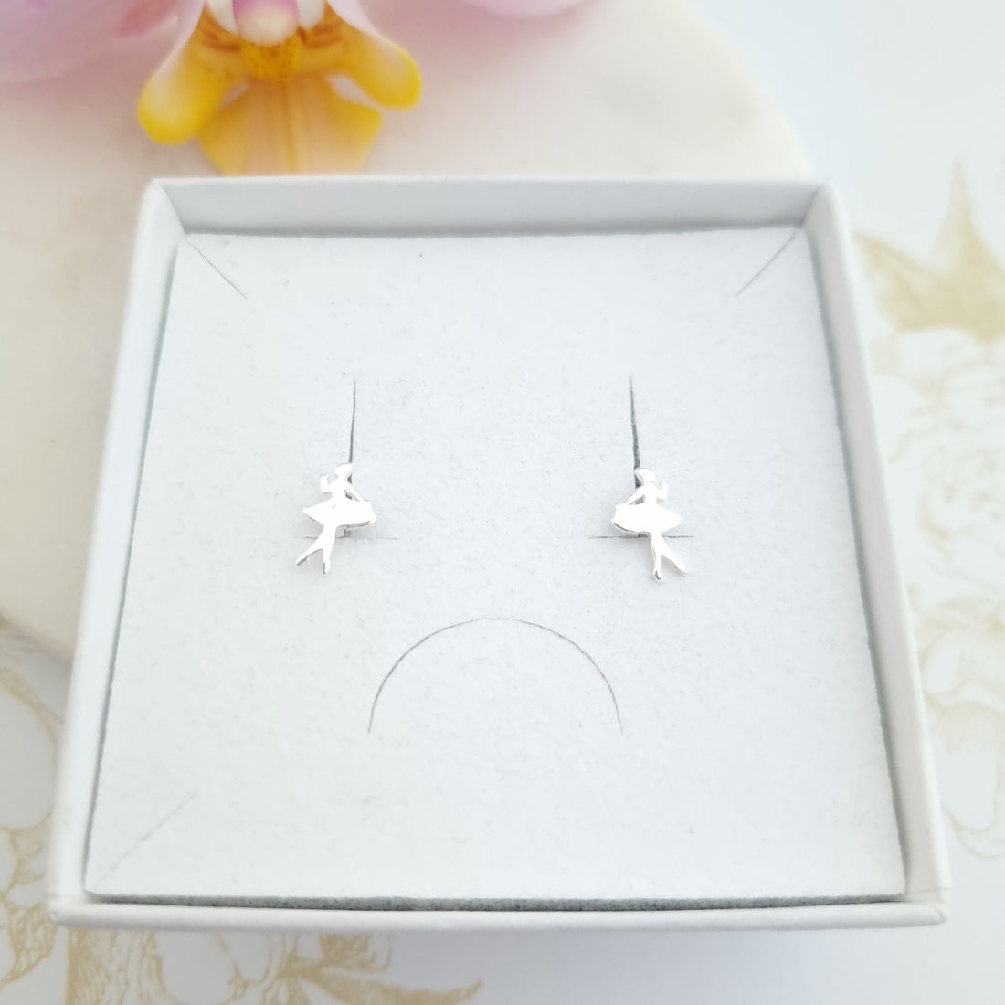 ballerina stud earrings in sterling silver in a gift box