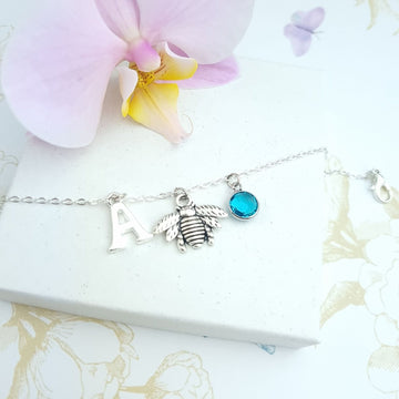 bee bracelet with initial and birthstone