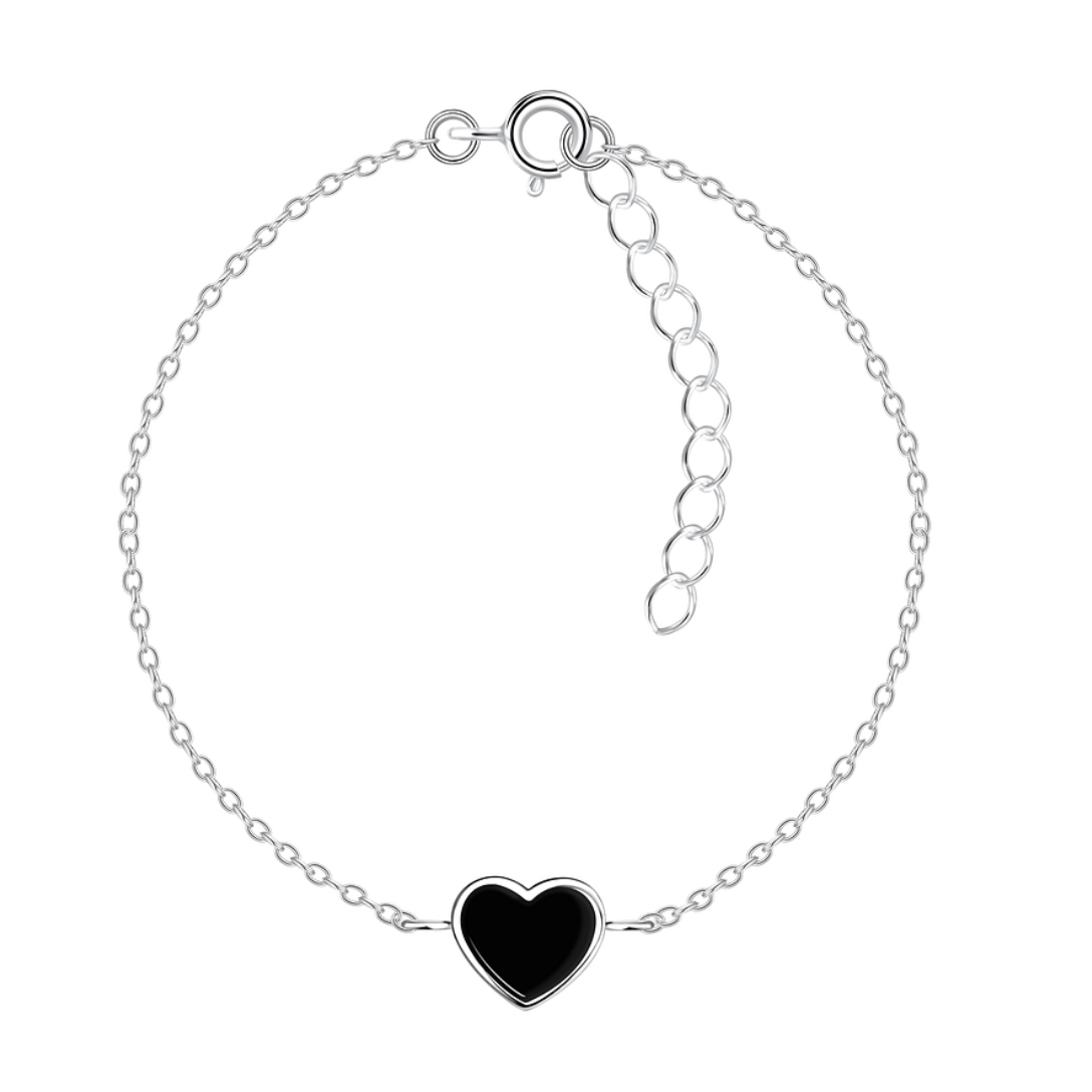 A sterling silver bracelet with a black enamel heart charm, featuring a delicate 1mm chain and an adjustable 15cm + 3cm extension, displayed on a white background.