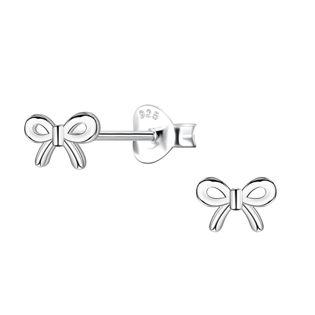 A pair of sterling silver bow stud earrings featuring a delicate ribbon design, displayed with a secure butterfly back closure for comfortable wear.