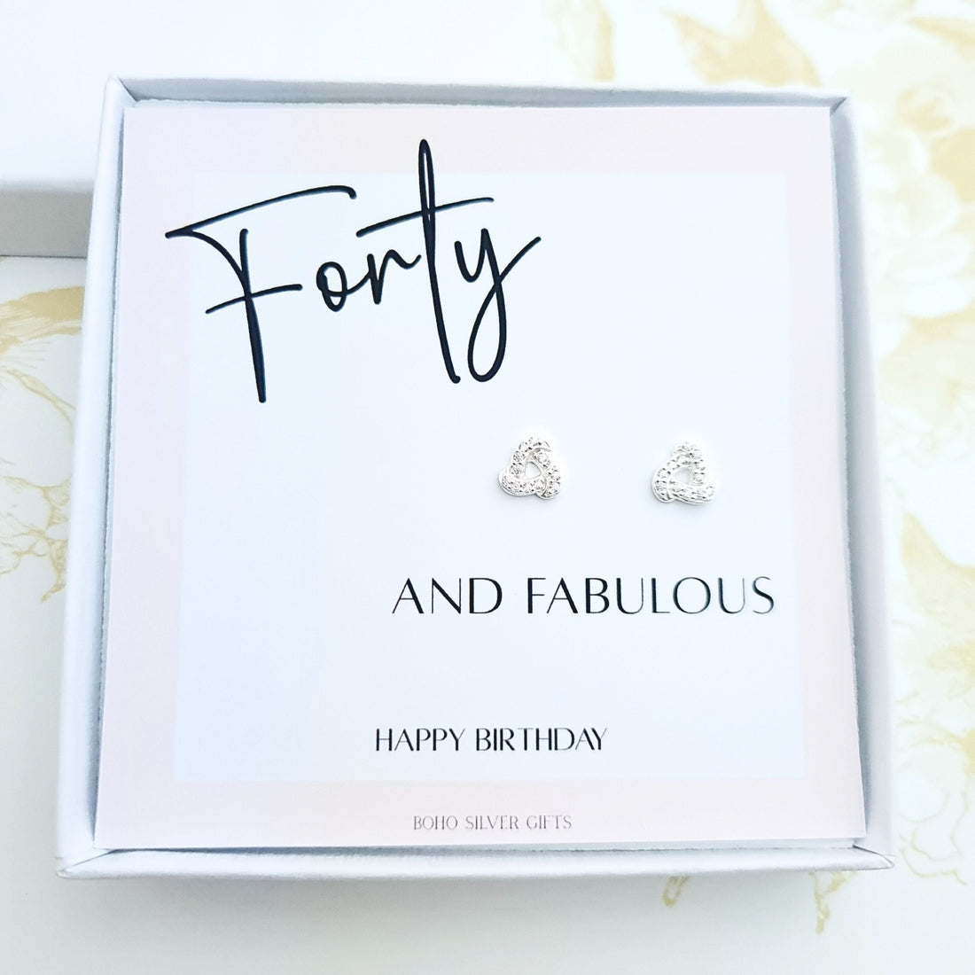 Sterling silver Celtic knot earrings on ‘Forty and Fabulous’ birthday gift card, perfect 40th birthday jewellery for her