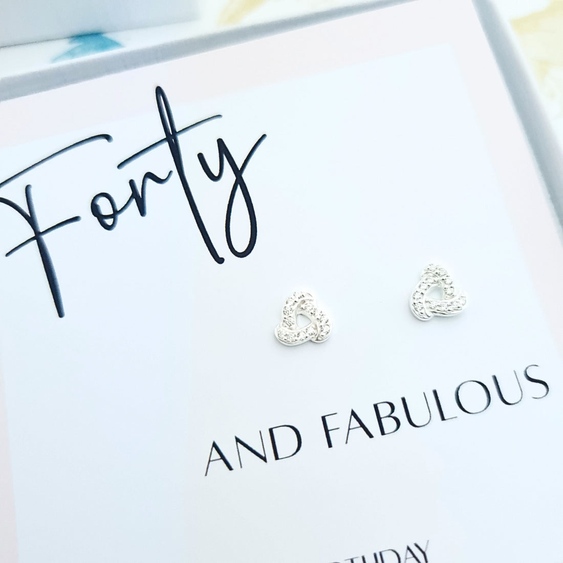 Sterling silver Celtic knot earrings on ‘Forty and Fabulous’ birthday gift card, perfect 40th birthday jewellery for her