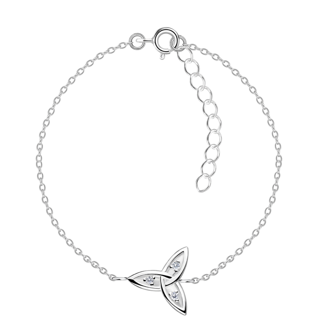A delicate sterling silver bracelet featuring a Trinity Knot charm with three sparkling cubic zirconia stones. The bracelet has a fine 1mm chain with a 15cm + 3cm extension, displayed against a white background.