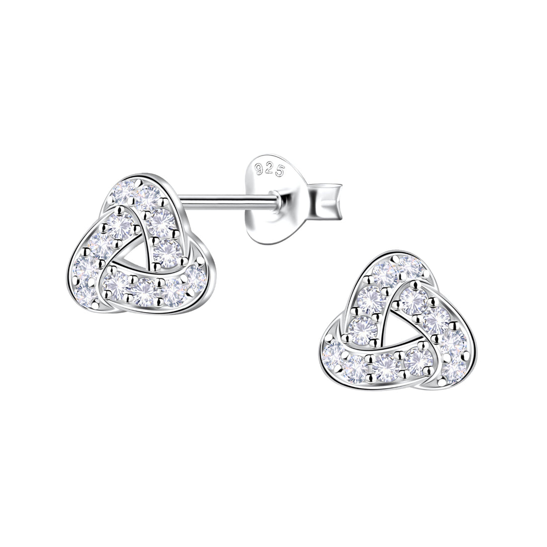 Sterling silver trinity knot stud earrings with sparkling cubic zirconia stones, displayed on a white background.