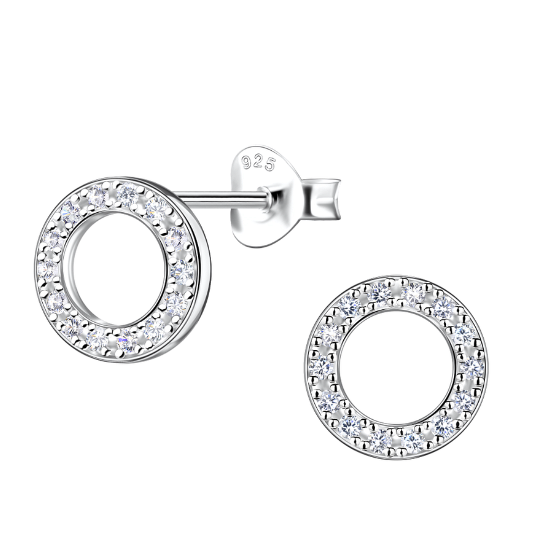 A pair of 8mm sterling silver halo stud earrings featuring an elegant open-circle design with cubic zirconia stones, displayed with a secure butterfly back closure.