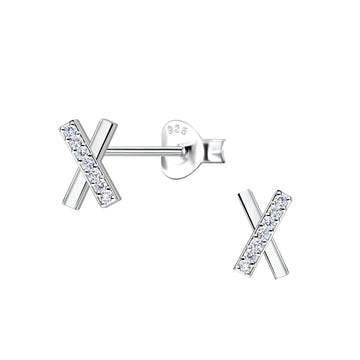 Sterling silver X-shaped stud earrings with cubic zirconia detailing, displayed on a white background.