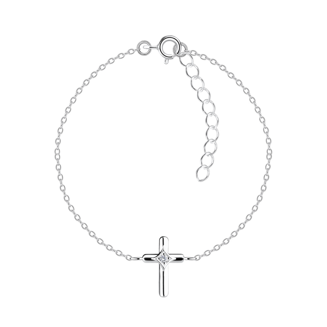 Sterling silver bracelet with a small cross charm featuring a diamond-cut centre, displayed on a white background.