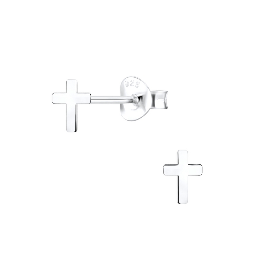 Sterling silver cross stud earrings in a minimalist 4x6mm size, shown with butterfly backs on a white background.