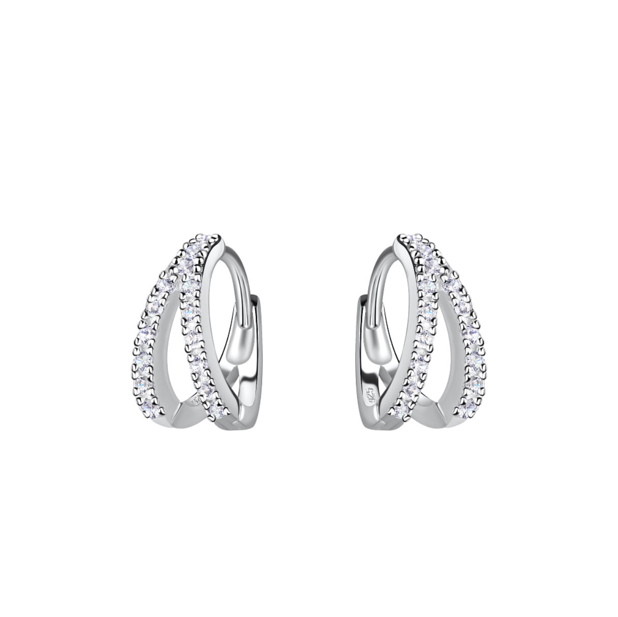 Sterling silver crossover hoop earrings with pavé crystals, featuring a sleek criss-cross design on a white background.