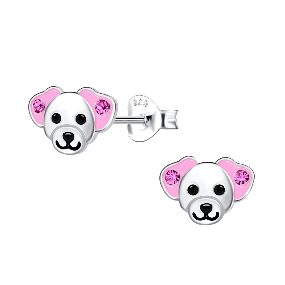 pink dog stud earrings in sterling silver