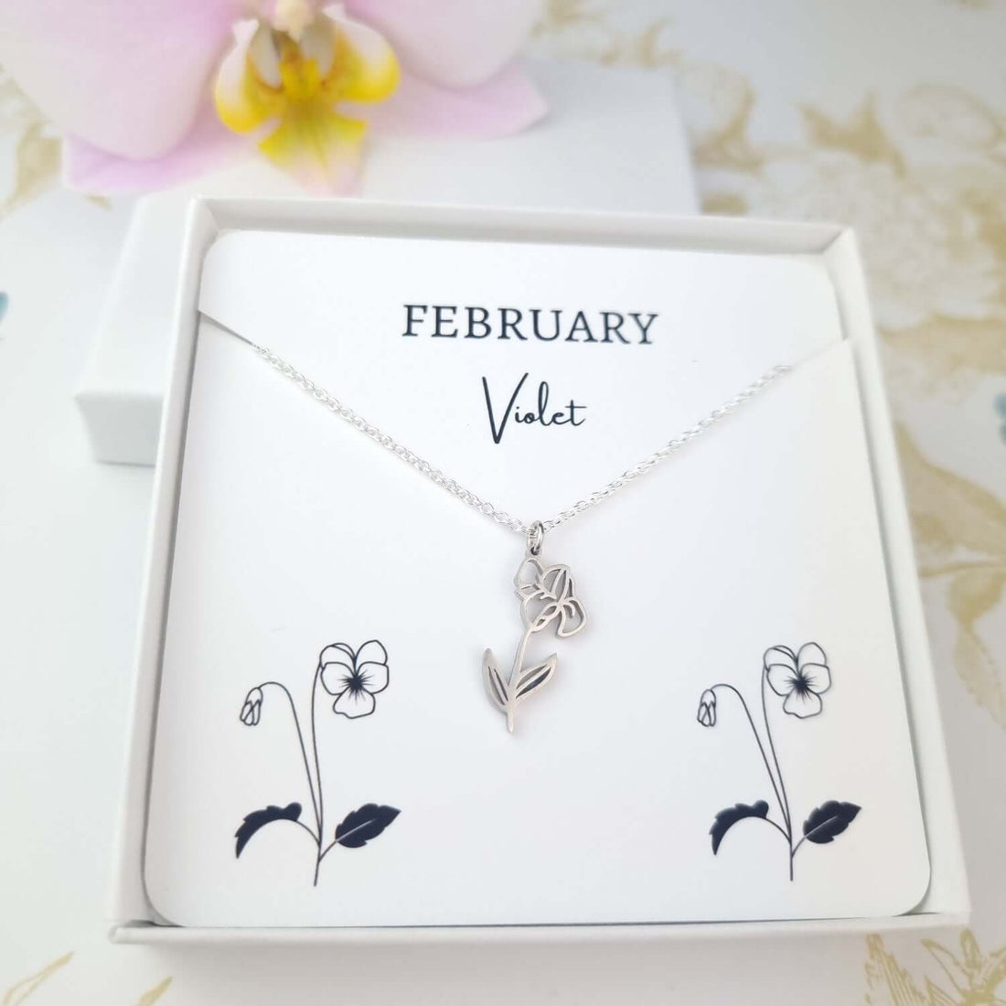 birth month flower necklace violet pendant