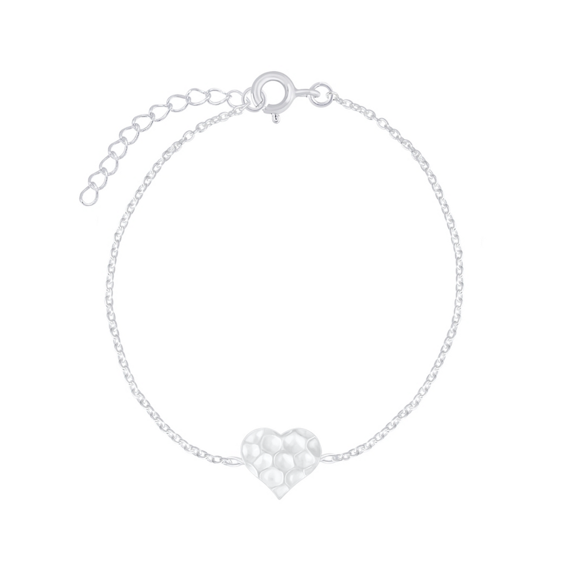 Sterling silver bracelet with a hammered heart charm on a delicate adjustable chain, symbolising modern love and minimal elegance.