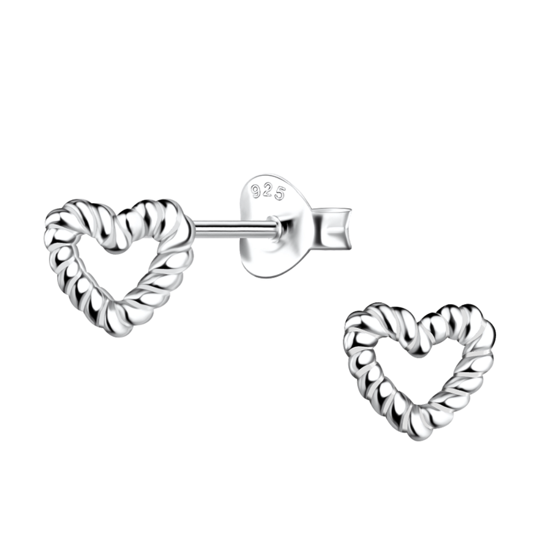 A pair of sterling silver twisted rope heart earrings, featuring a delicate open-heart design with a rope texture, displayed against a white background. A romantic and stylish jewellery piece.