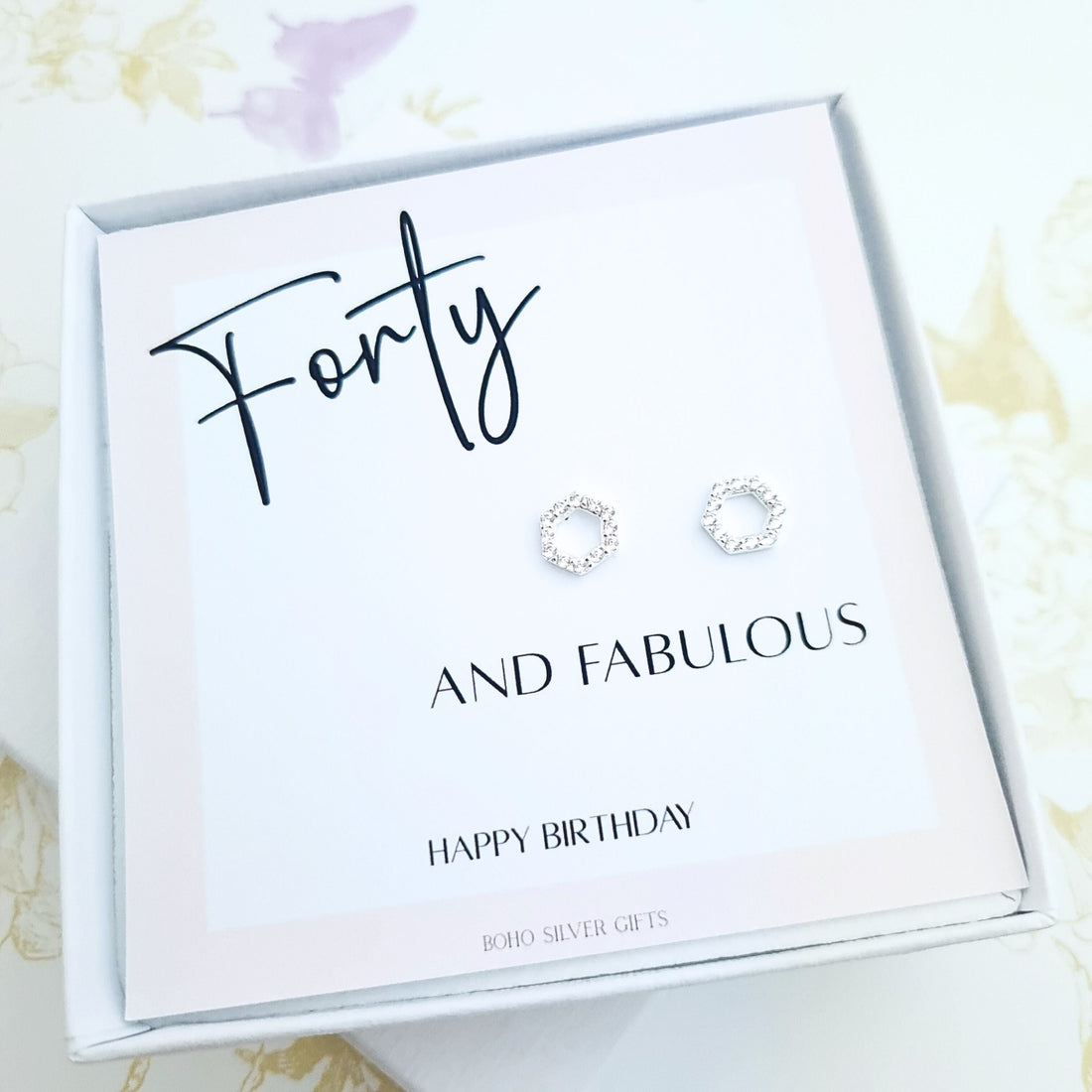 40th birthday gift set featuring sparkly hexagon stud earrings in sterling silver, displayed on a Boho Silver Gifts keepsake card.