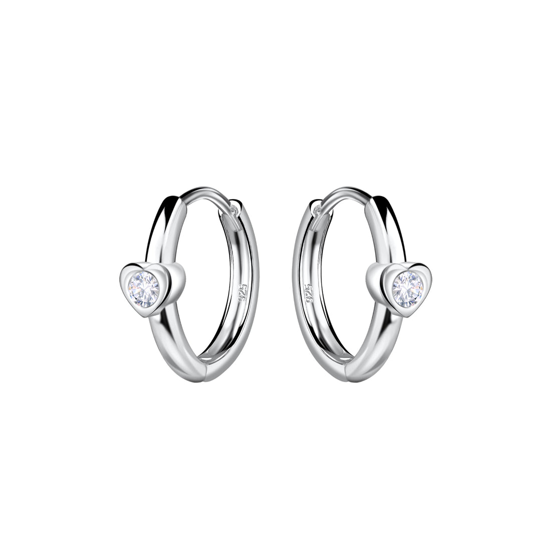 Sterling silver huggie hoop earrings with small heart-shaped crystal detail, perfect for daily wear.