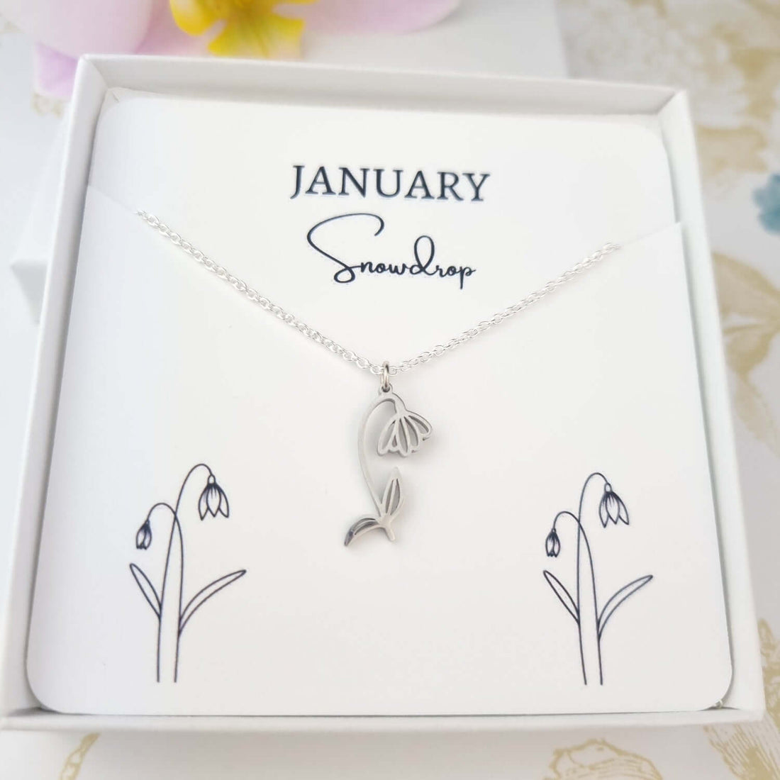 snowdrop flower birth month necklace
