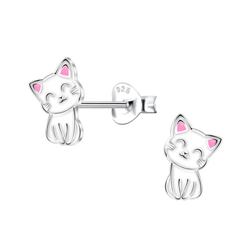 Sterling silver cat stud earrings featuring smiling kittens with pink enamel ears, displayed with butterfly backs on a white background.