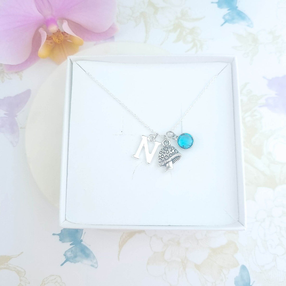 personalised mushroom necklace with initial and birthstone