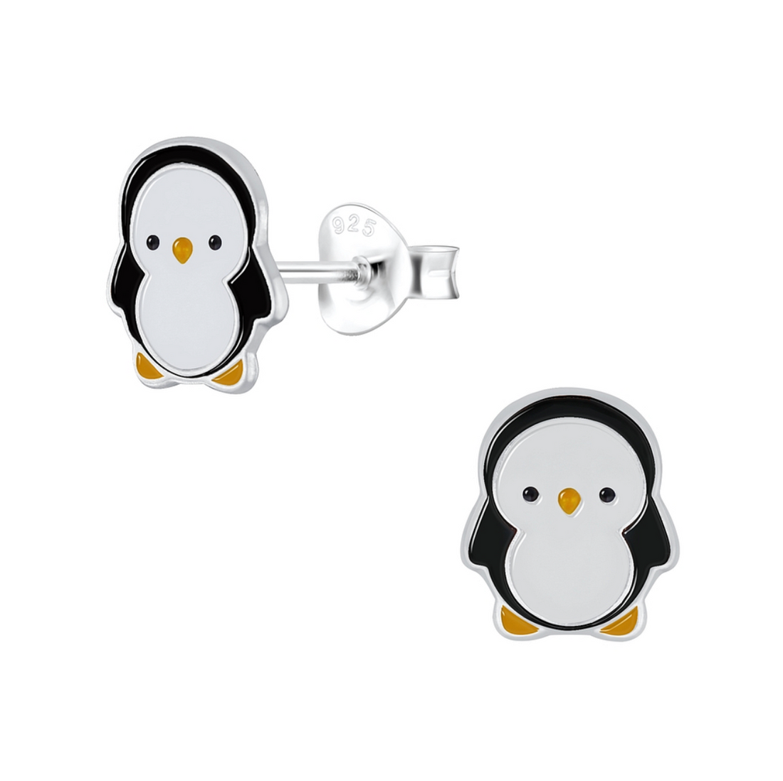 Sterling silver penguin stud earrings with black, white, and yellow enamel, displayed with butterfly backs on a white background.