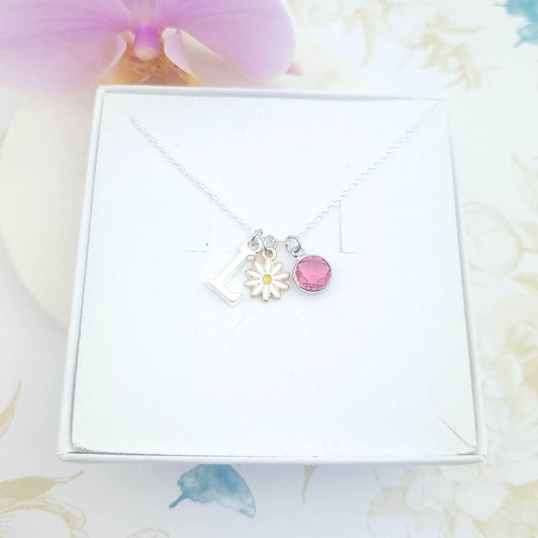 daisy flower necklace with initial and birthstone