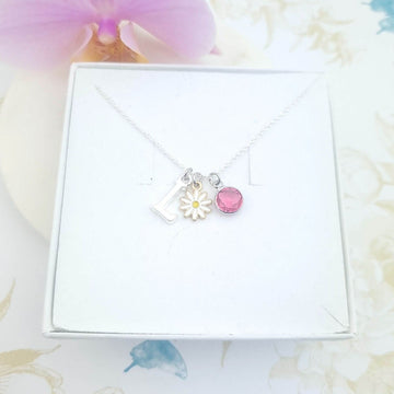 daisy flower necklace with initial and birthstone