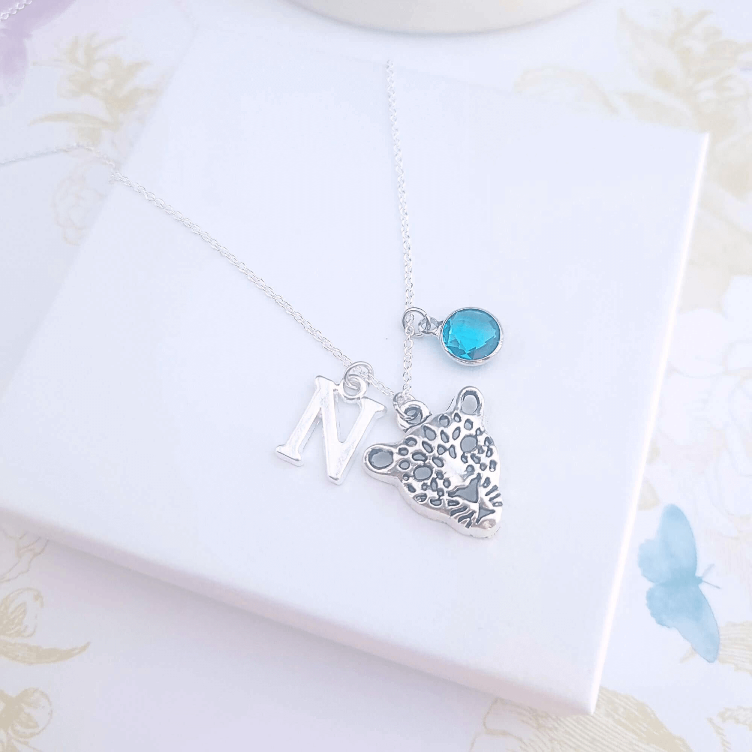 Personalised Leopard Necklace with Initial Birthstone Gift