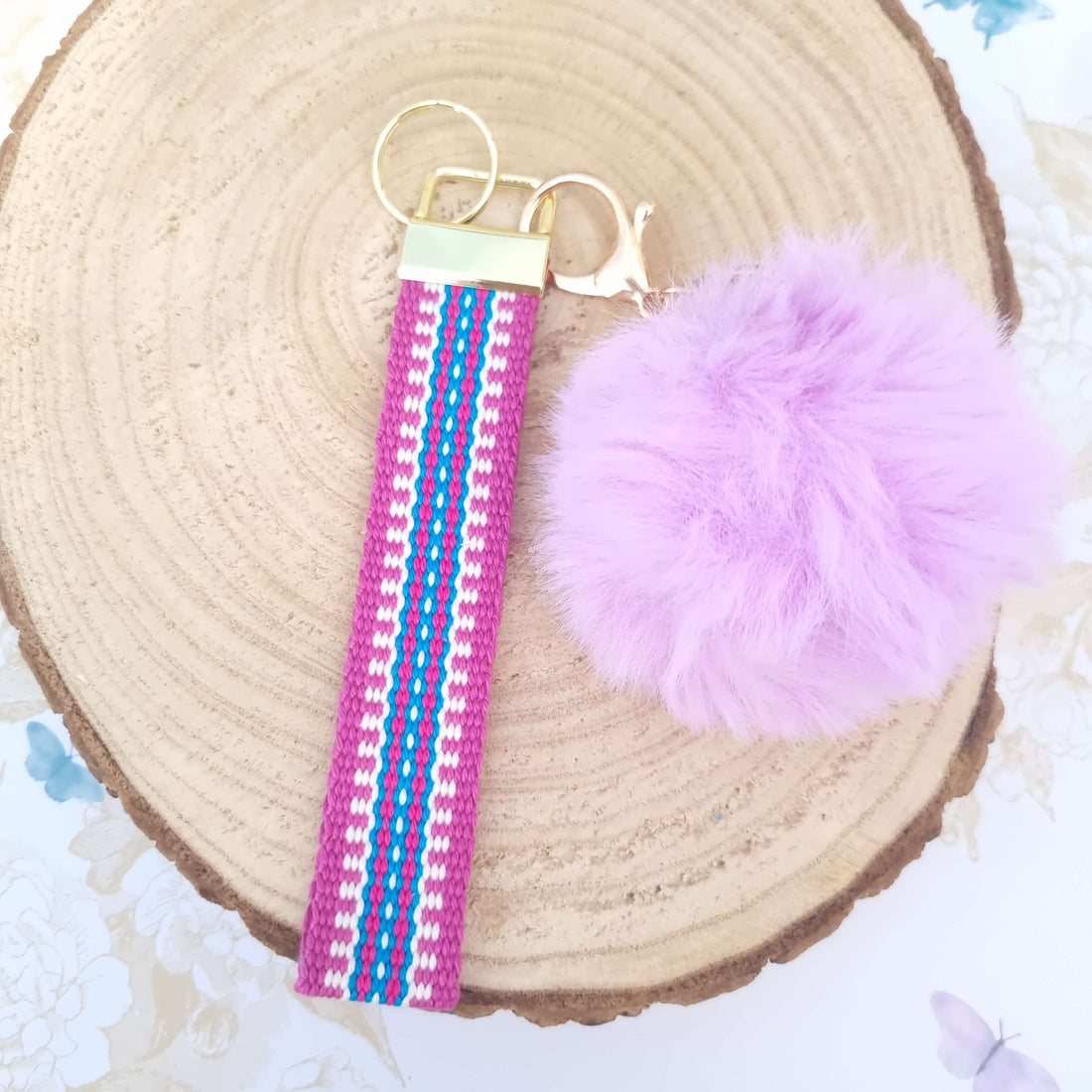 Car Key lanyard in pink with pom pom
