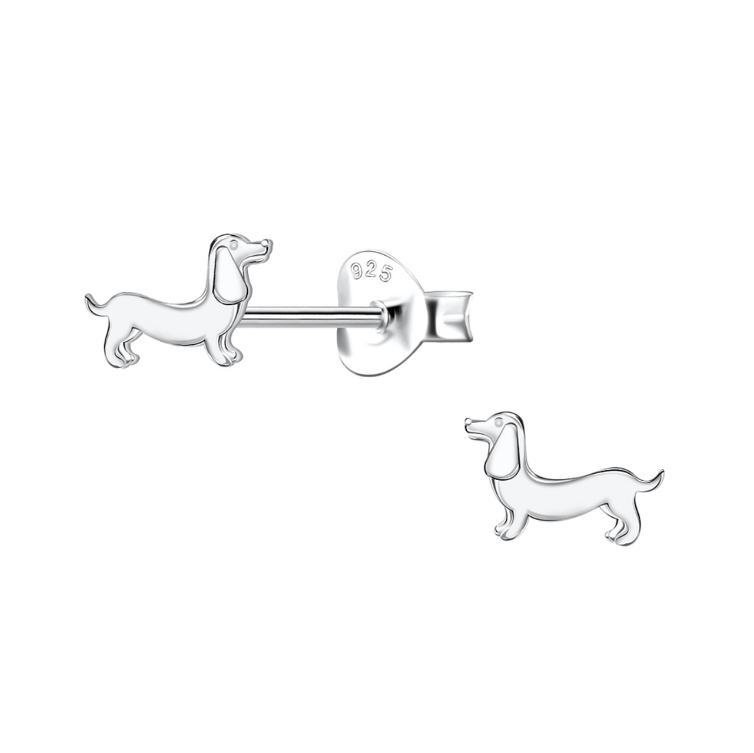 Sterling silver dachshund stud earrings shaped like sausage dogs, with butterfly backs, displayed on a white background.