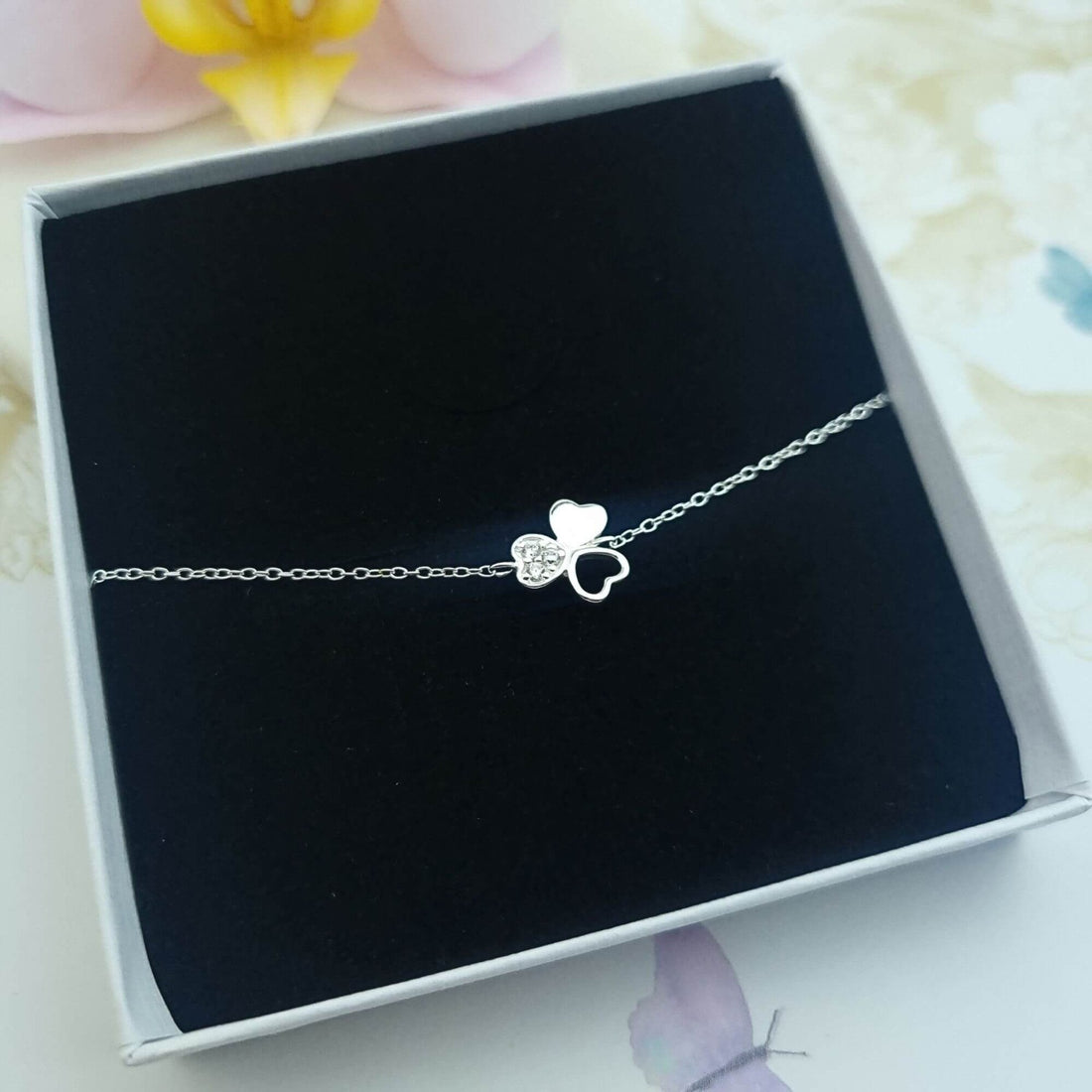 sterling silver shamrock bracelet in a gift box