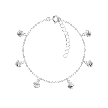 Sterling silver shell charm bracelet with five small sea shell pendants on a delicate adjustable chain, displayed on a white background.