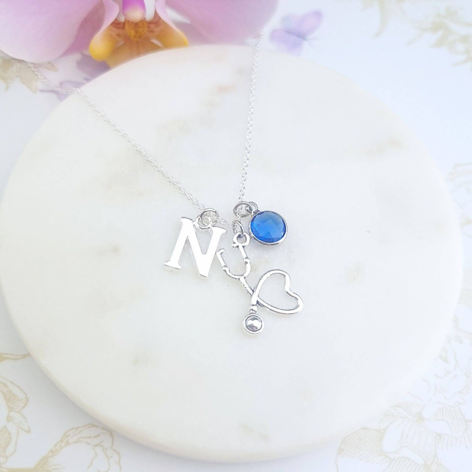 sterling silver stethoscope necklace with initial and birthstones