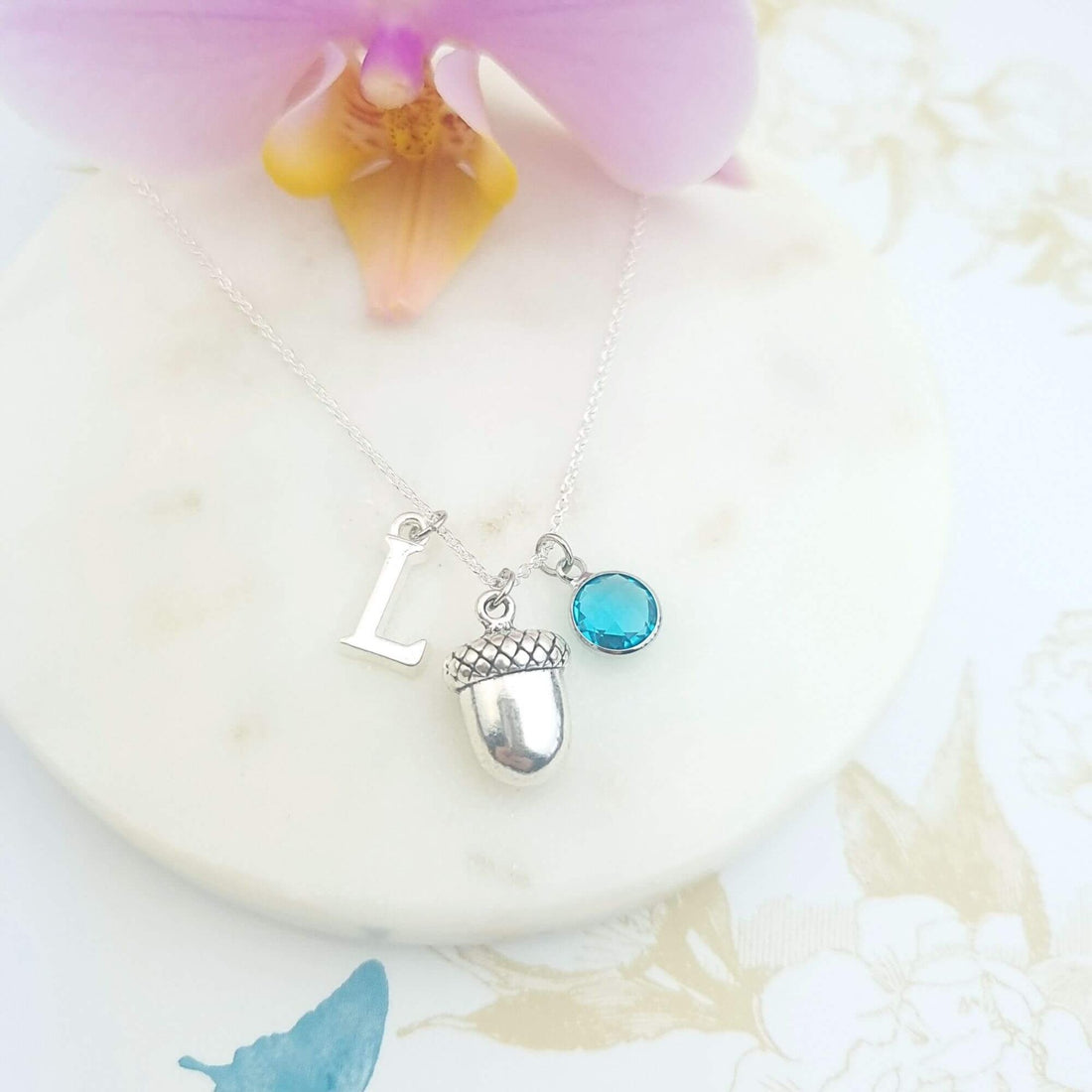 personalised acorn necklace with initial and birthstone