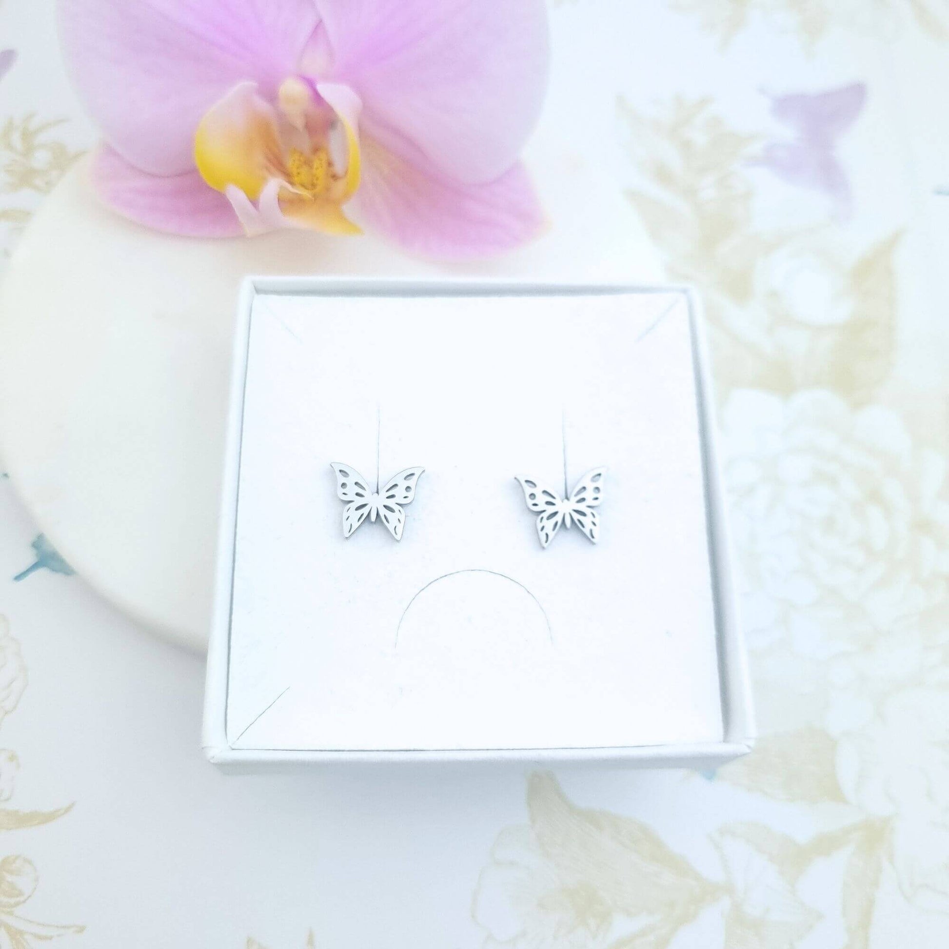 butterfly stud earrings in a gift box