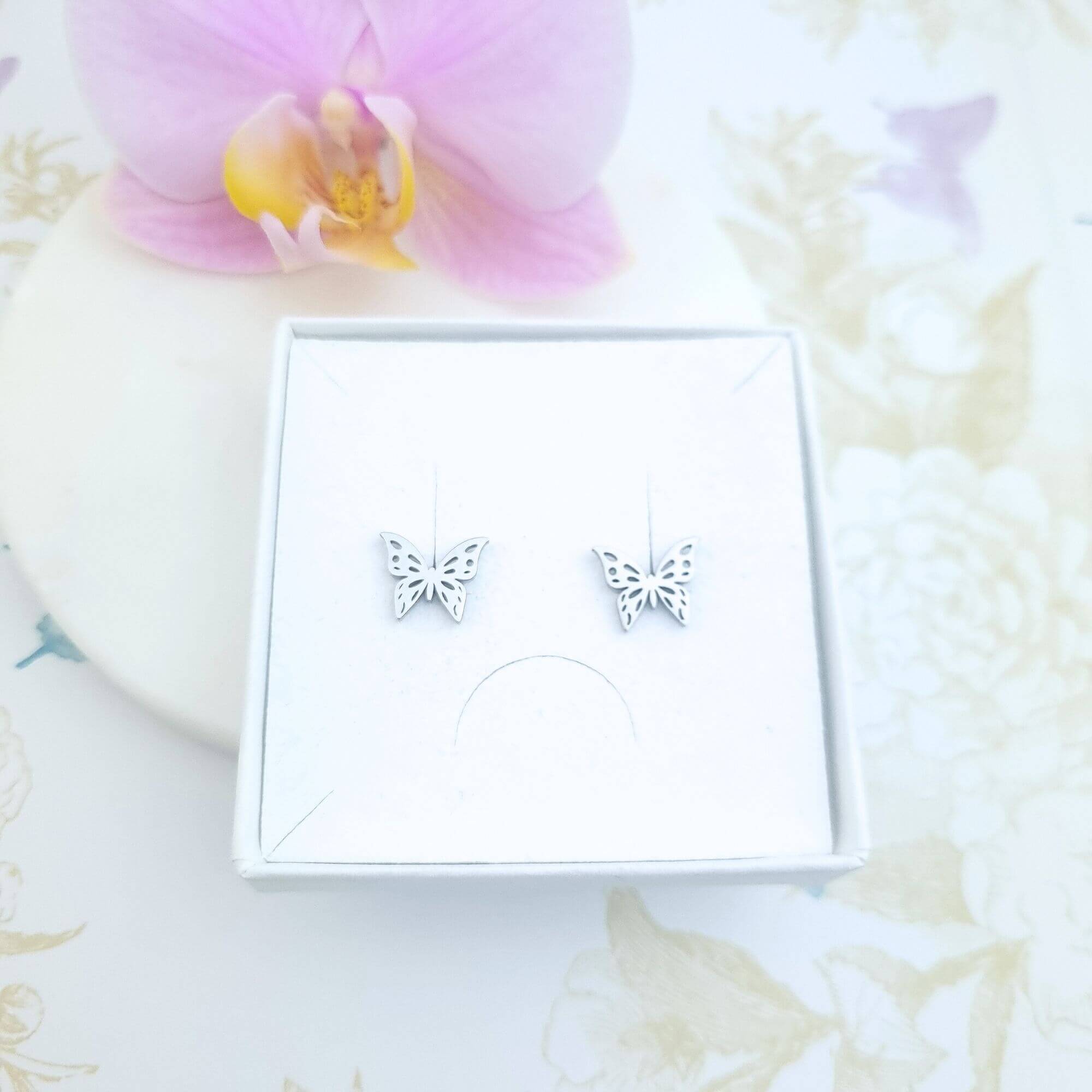 butterfly stud earrings in a gift box