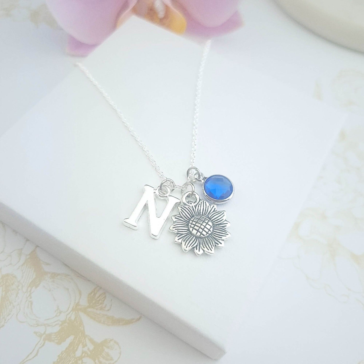 sunflower necklace personalised with initial and birthstone