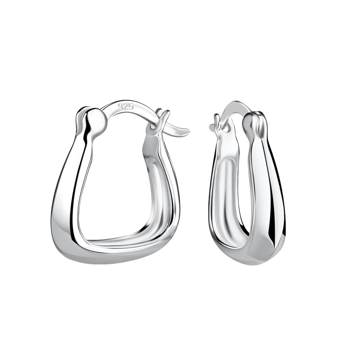 Sterling silver tapered hoop earrings with a smooth sculpted finish and hinged clasp, displayed on a white background.