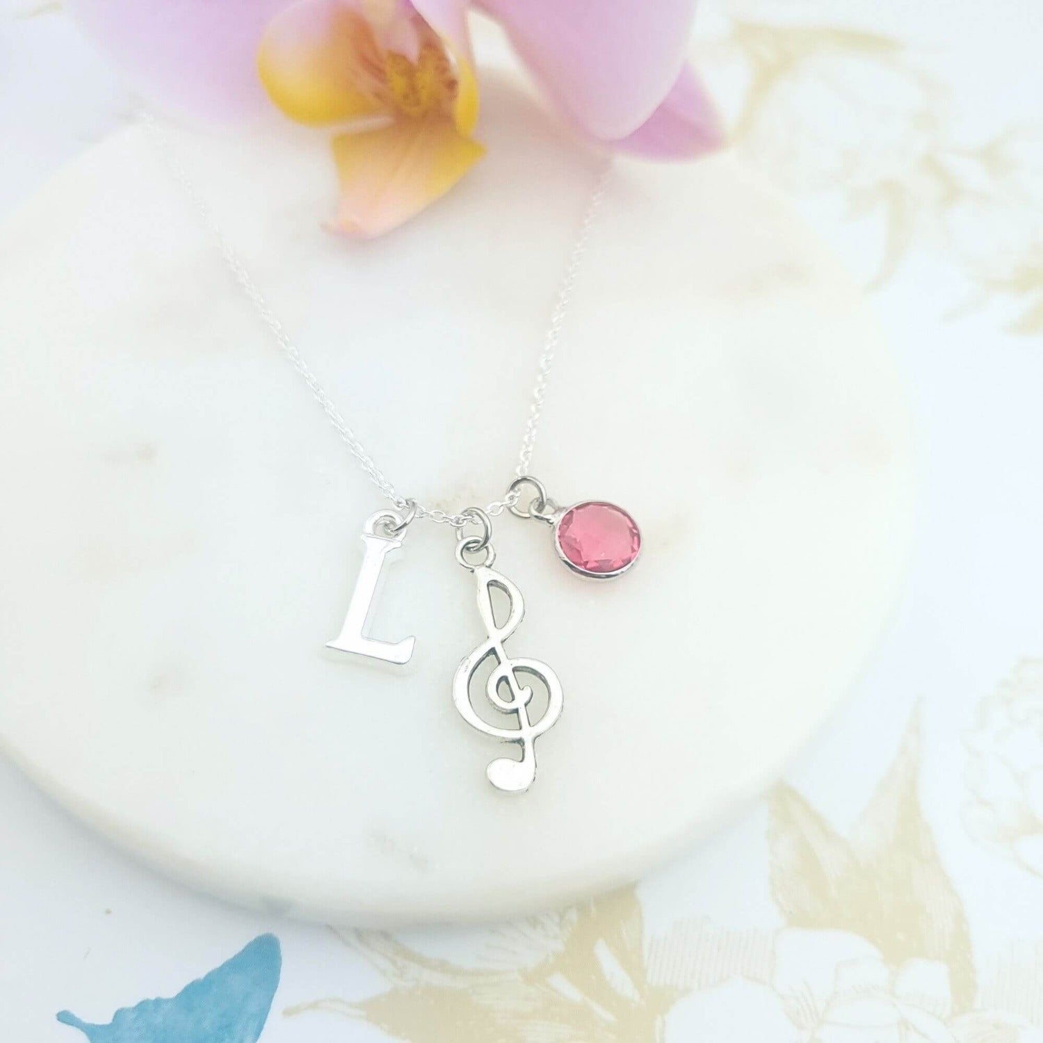 treble clef necklace personalised with initial and birthstone