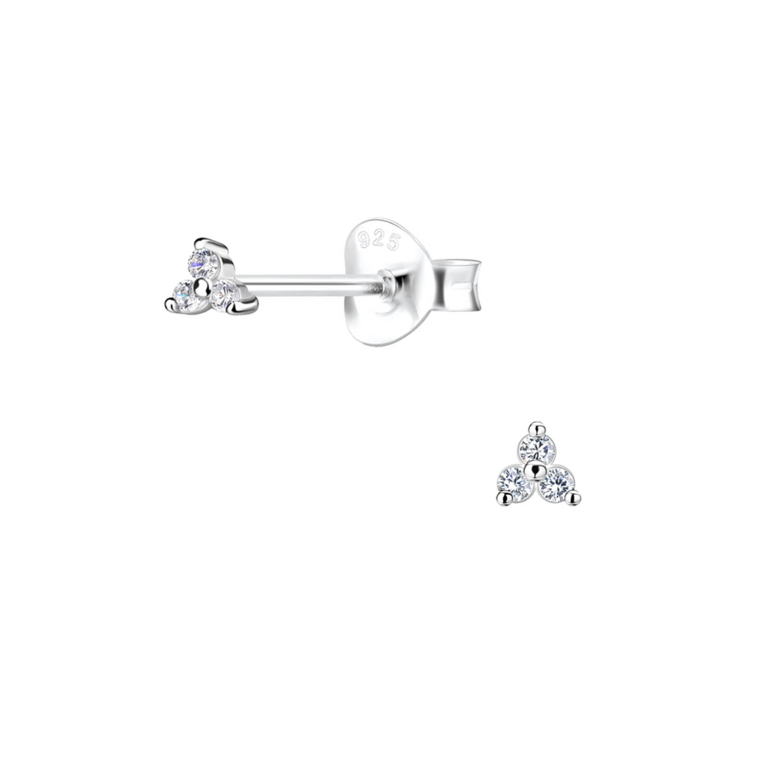 Sterling silver 3mm stud earrings featuring three tiny sparkling stones in a triangle shape, shown with butterfly backs on a white background.