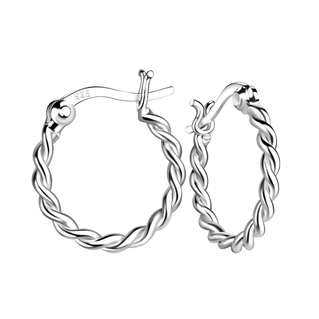 Sterling silver twisted hoop earrings with a braided rope texture, shown with latch-back fastening on a white background.