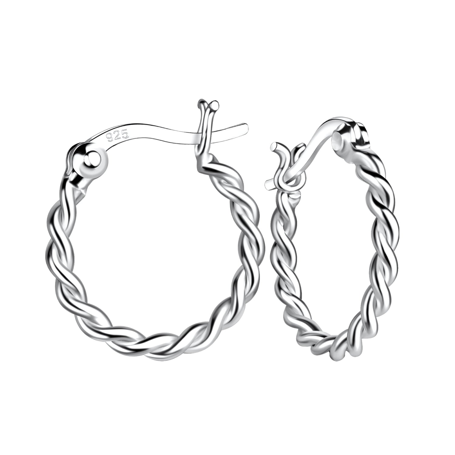 Sterling silver twisted hoop earrings with a braided rope texture, shown with latch-back fastening on a white background.