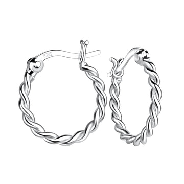 Sterling silver twisted hoop earrings with a braided rope texture, shown with latch-back fastening on a white background.