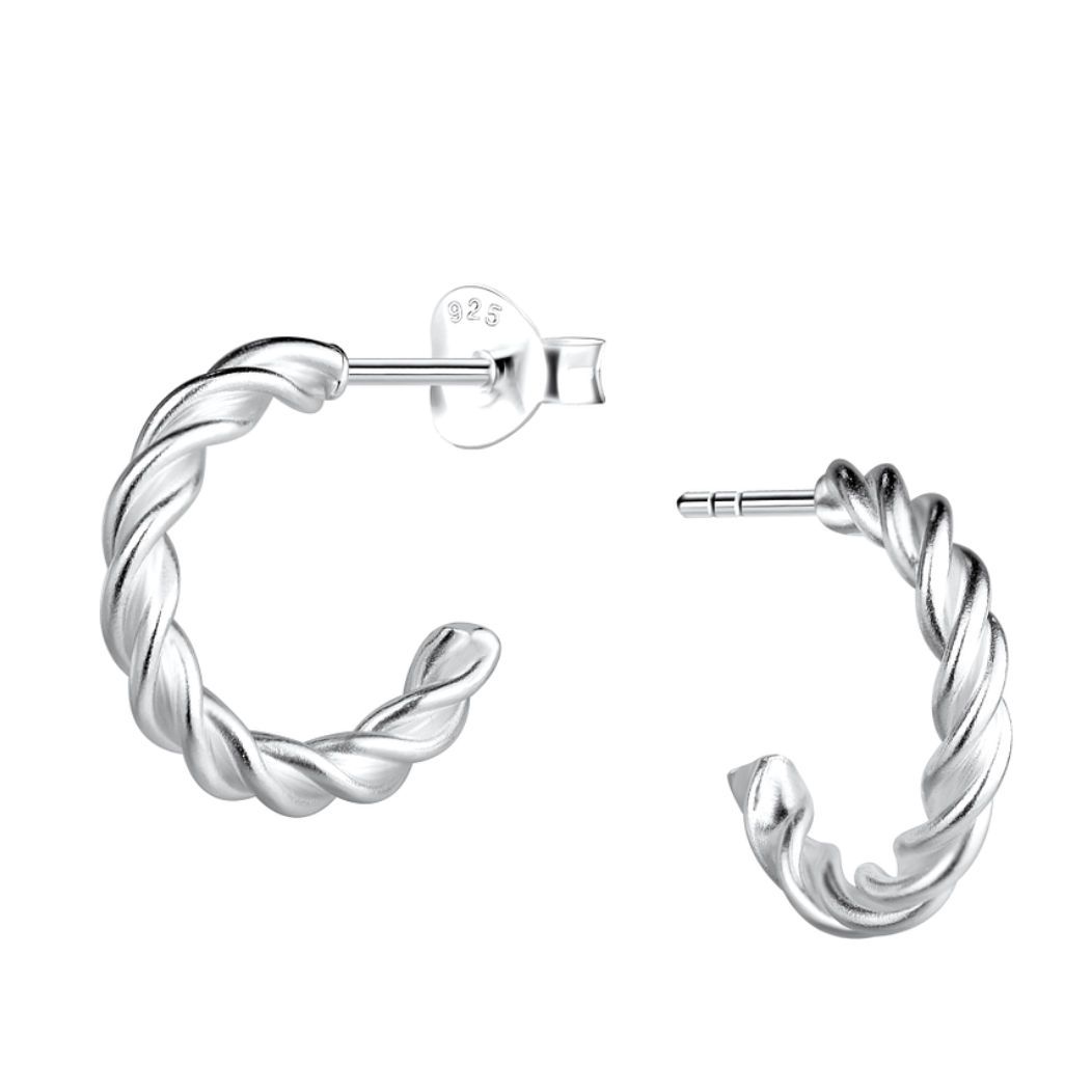 A pair of sterling silver twisted rope hoop earrings, featuring an elegant braided texture with secure butterfly backs, displayed against a white background.