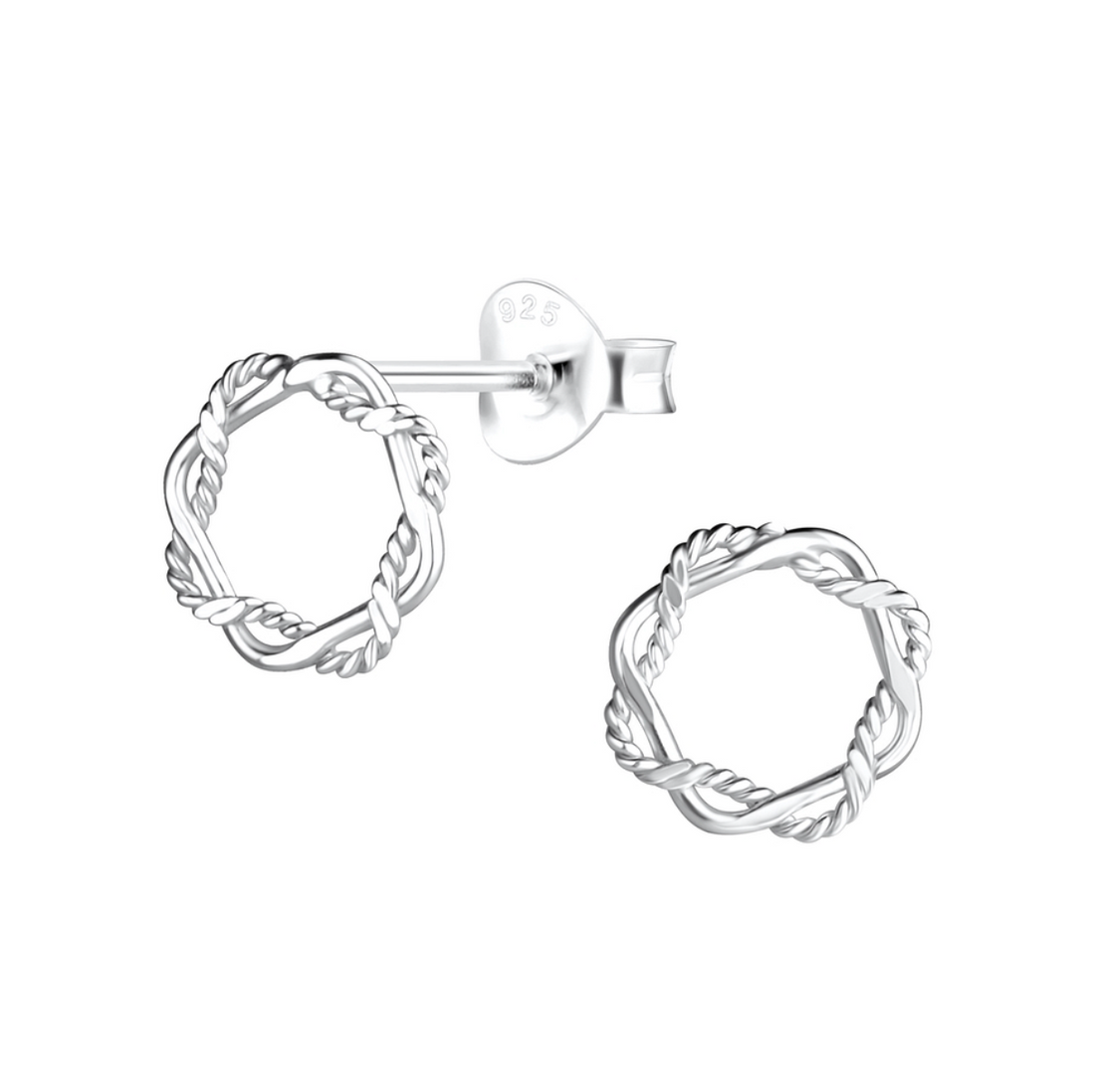 Sterling silver twisted rope circle stud earrings with a hexagon shape and butterfly backs, displayed on a white background.