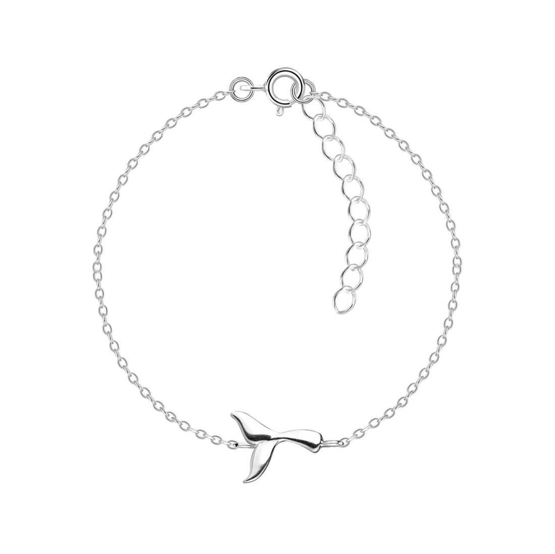 Sterling silver whale tail bracelet on a delicate adjustable chain, displayed on a white background.