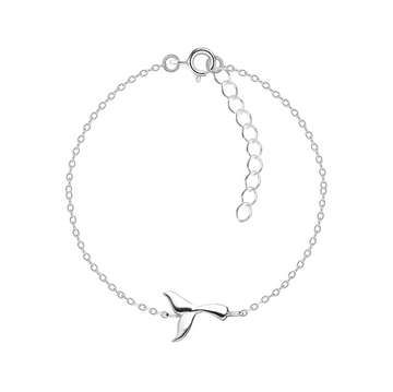 Sterling silver whale tail bracelet on a delicate adjustable chain, displayed on a white background.