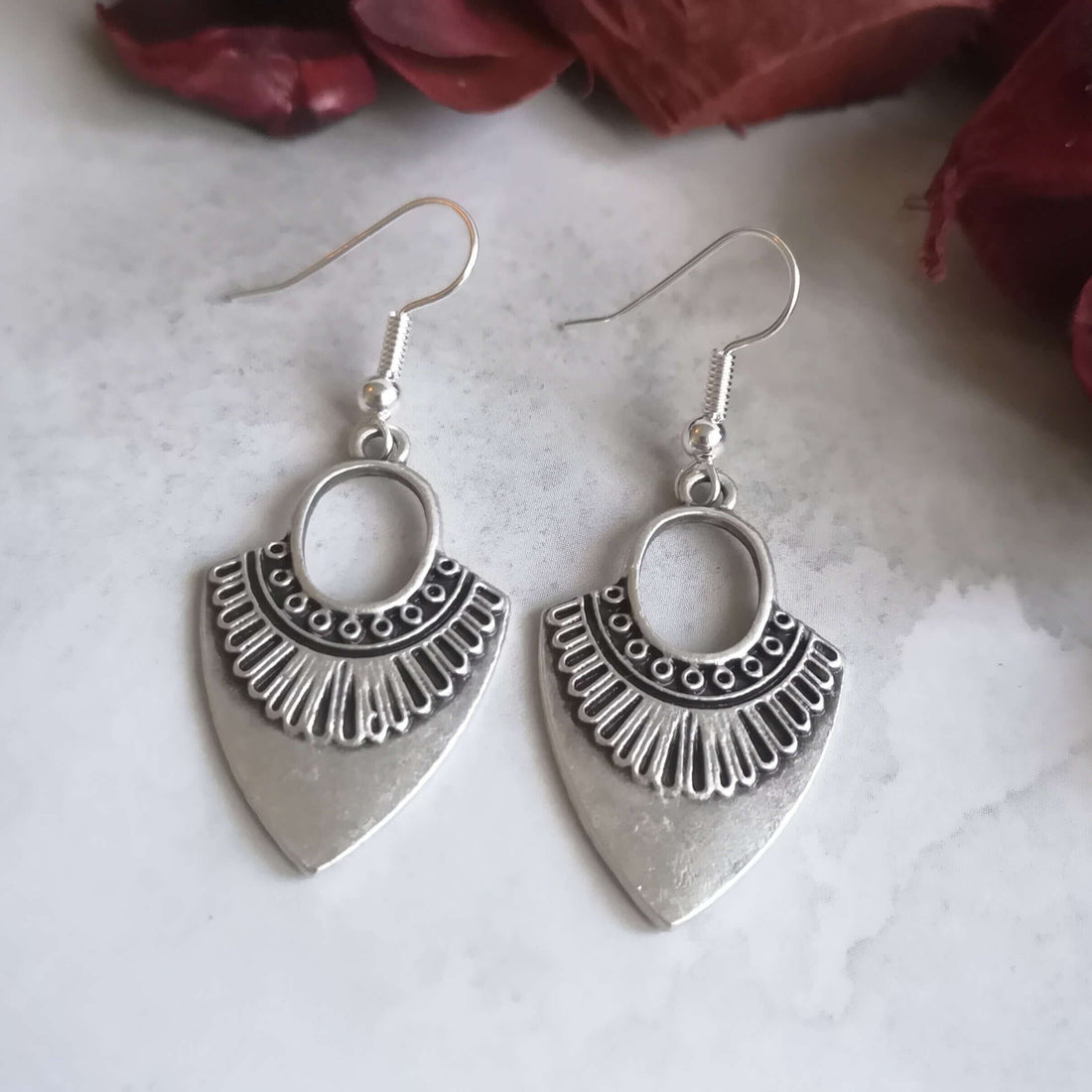 Bohemian Shield Drop Earrings in Sterling Silver