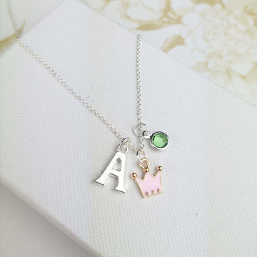 pink crown necklace with initial and birthstone