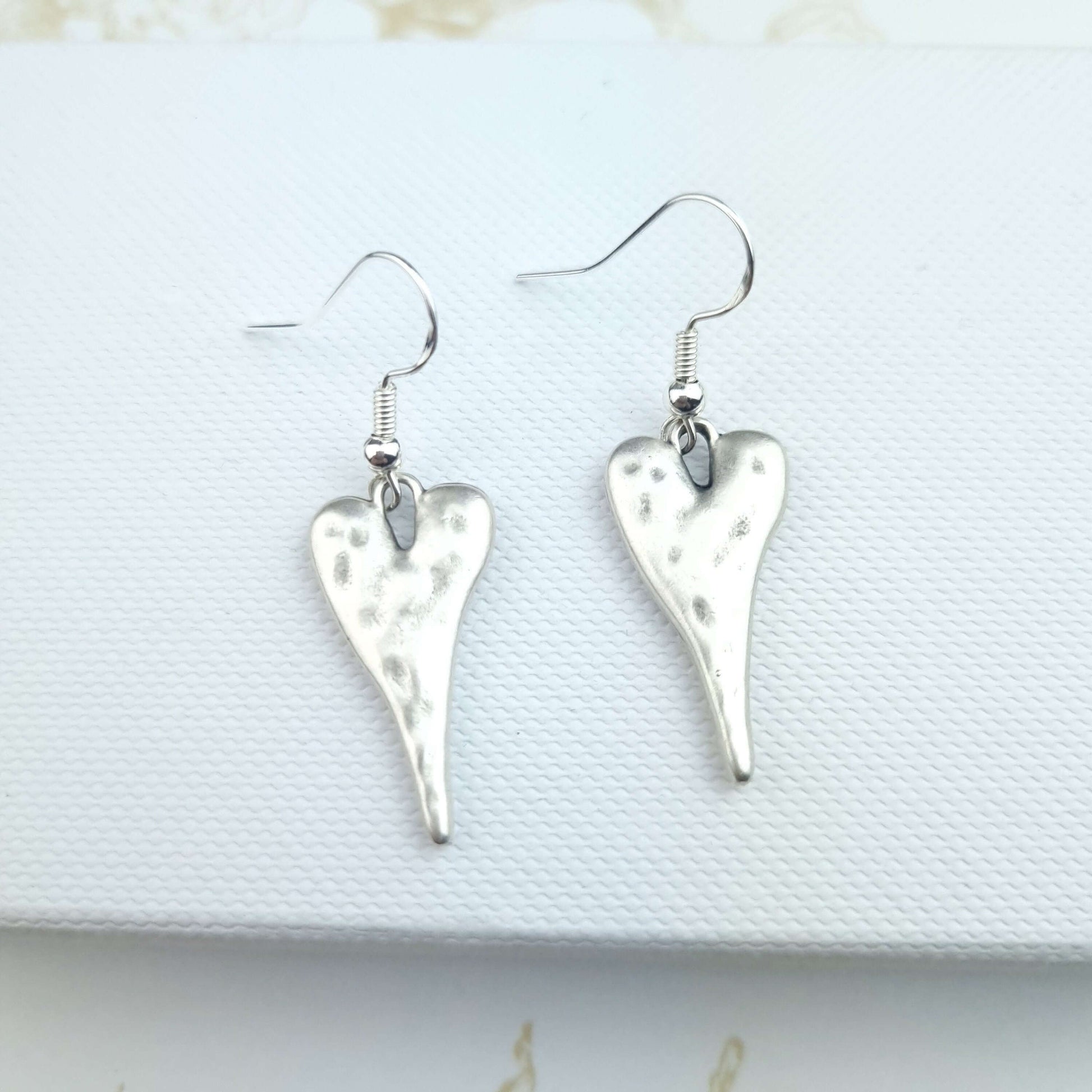 hammered heart earrings dangle drop boho style