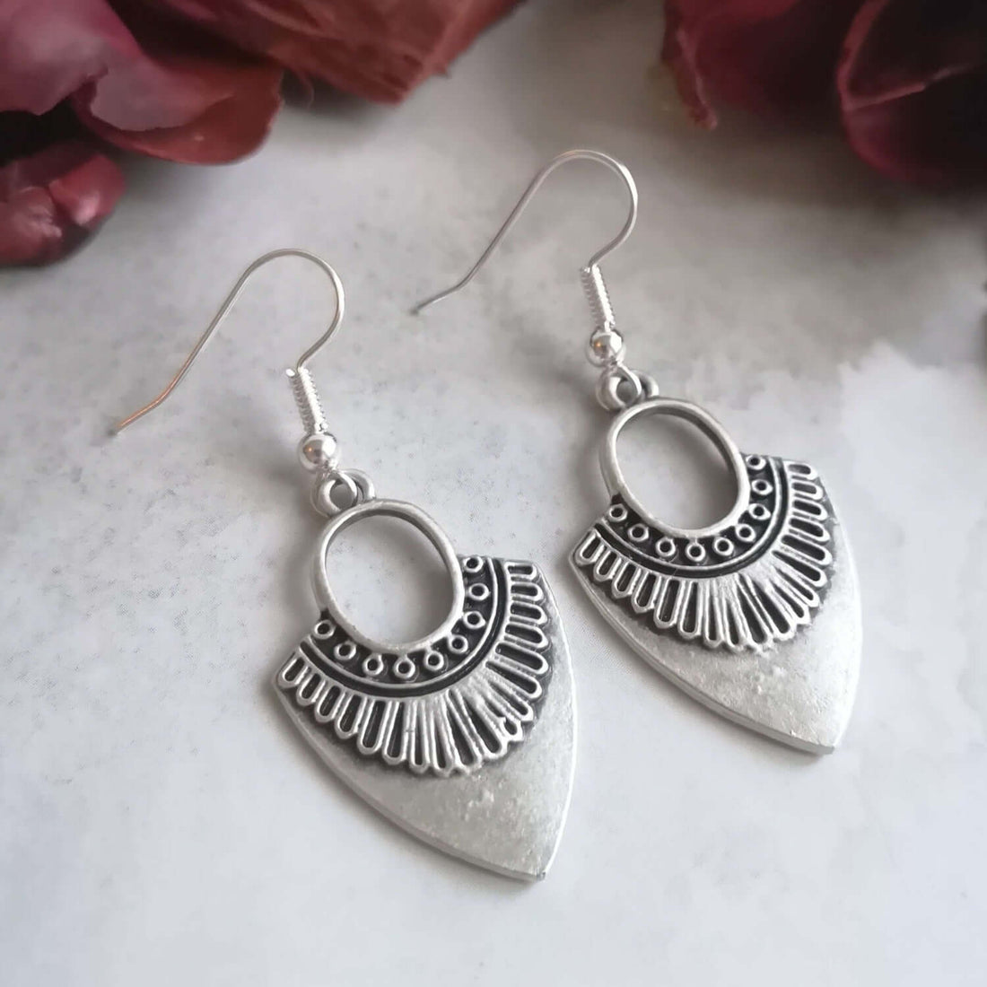 Bohemian Shield Drop Earrings in Sterling Silver